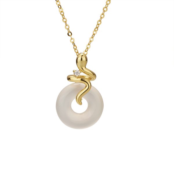 Women's Sterling Silver Snake White Jade Necklace