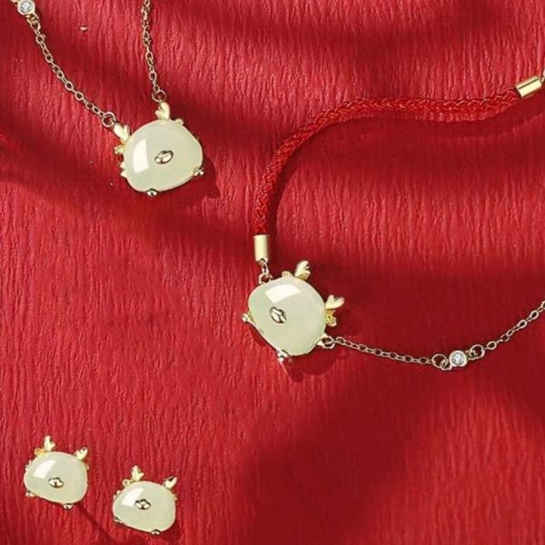 Auspicious Cute Dragon Zodiac Necklace Female Hetian Jade Bracelet Ear Studs