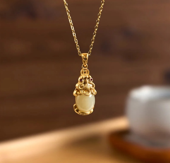 Female Creative Hetian White Jade Antique Gold Pendant
