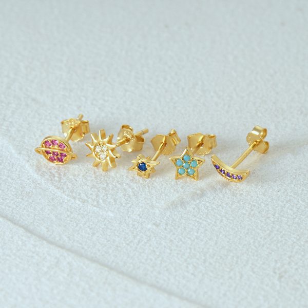 Fashion S925 Sterling Silver Star Moon Color Diamond Earrings 5-piece Set