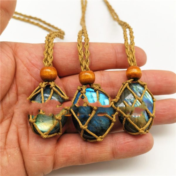 Natural Elongated Stone Original Stone Net Necklace Pendant