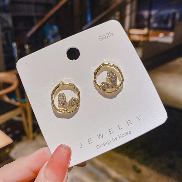 925 Silver Needle Circle Personality Heart Shape With Diamond Earrings Irregular Circles