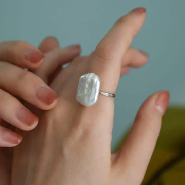 Natural Shaped Square Baroque Pearl Ring Whole Body 925 Silver Simple Elegant Girls JZ1519