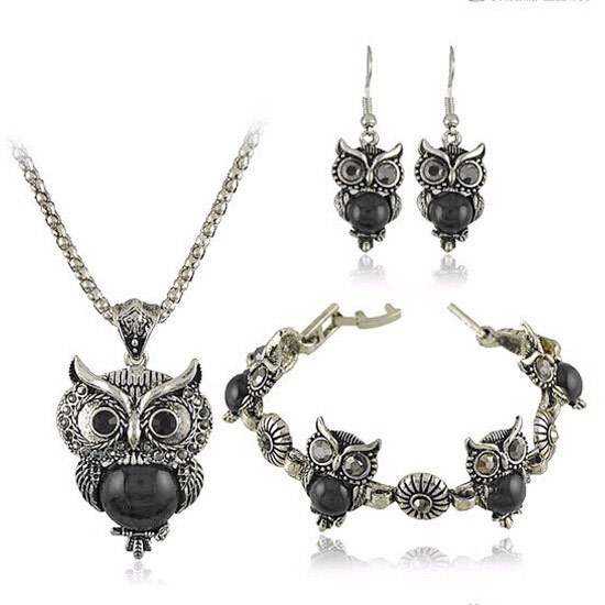 Turquoise Jewelry Set Vintage Imitation Thai Silver Owl Three-piece Set Chain