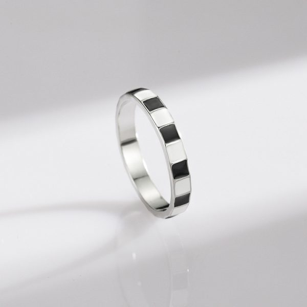 S925 Sterling Silver Epoxy Classic Black And White Plaid Ring Fashion