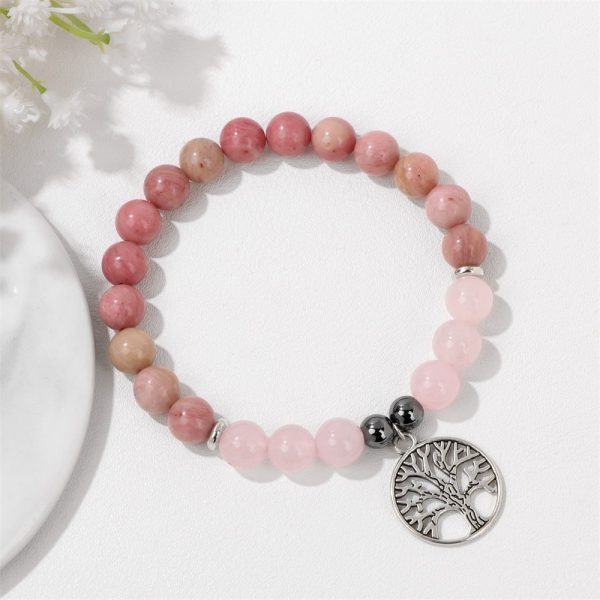 Natural Stone Bead Elastic Bracelet Tree Of Life Pendant