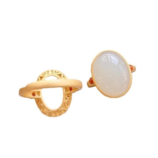Gilding Inlaid Hetian Egg Noodles Elegant Female Open Ring