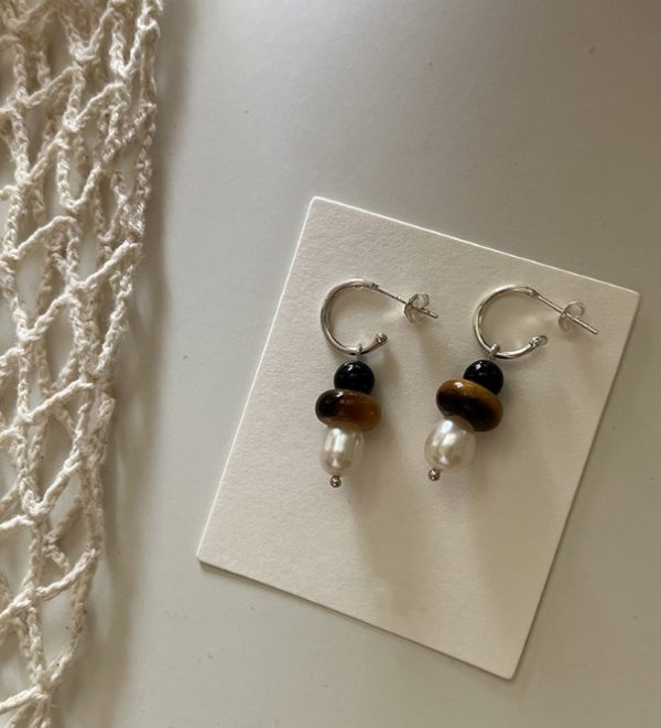 S925 Sterling Silver Natural Tigereye Black Agate Pearl