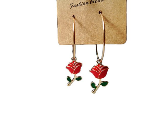 Fashion Big Circle Green Leaf Red Rose Earrings