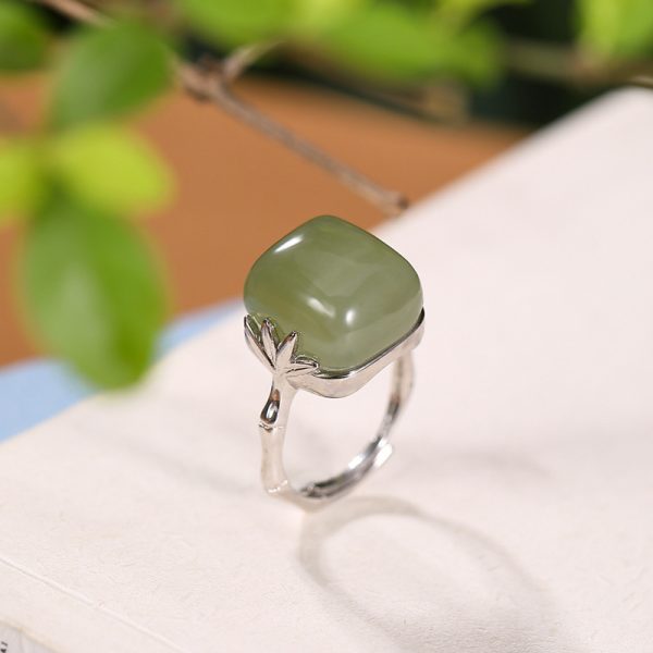 S925 Silver Ring Natural Hetian Gray Jade Retro