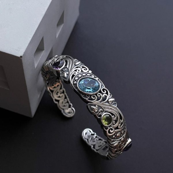Vintage Distressed Cutout Carvings Flower Basket Topaz Bracelet
