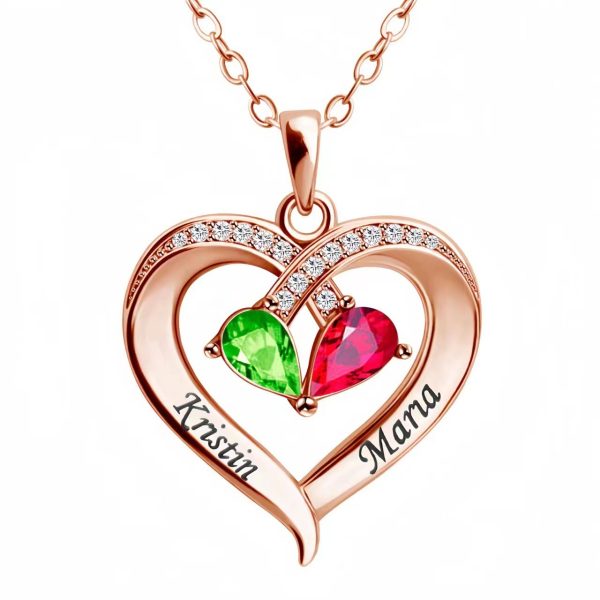 Two-color Water Drop Pendant Heart Shape With Diamond 12 Birthstone Peach Heart Necklace For Women
