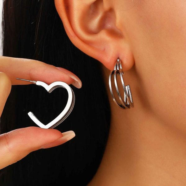 Three-line Love Heart Stud Earrings Double-layer Circle Women's Simple
