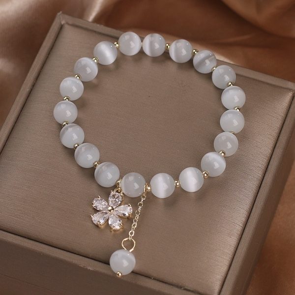 Single Loop Women's Small Flower Tassel White Cat's Eye Crystal Bracelet