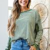Green Stripe Thermal Knit Drop Shoulder Casual Top