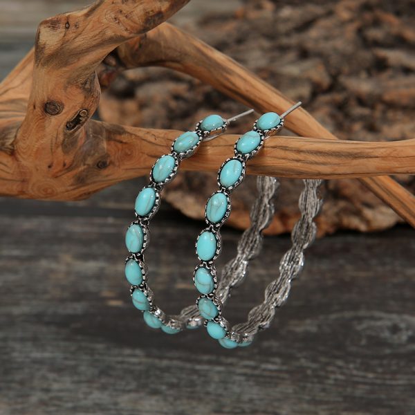 Retro Western Style Turquoise Large Circle C- Shaped Turquoise Eardrop Earring