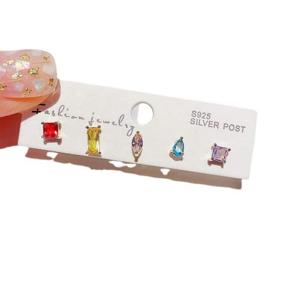 Copper 5 Colors Zircon Stud Earrings Set Geometry Small