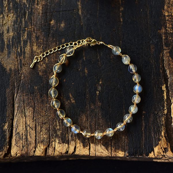 14K Gilded Natural Crystal Blue Moonstone Bracelet For Women