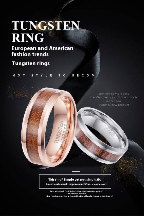 Hair 8mm Wood Leather Ugyen Ring Men's Tungsten Gold Jewelry