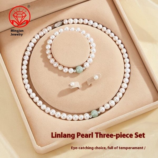 Natural Freshwater Pearl Necklace Suit Green Jade