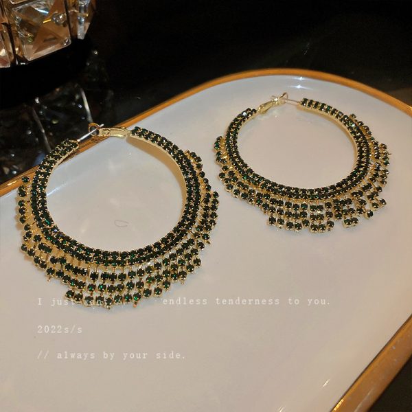 Silver Needle Set Diamond Circle Tassel Earring Fashion Girl