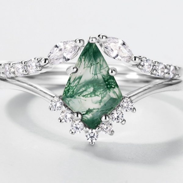 Natural Green Moss Stone Stacked S925 Silver Inlaid Agate Ring