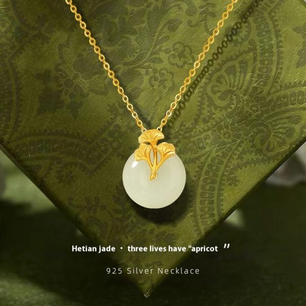 Sterling Silver 925 Hetian Jade Necklace Peace Buckle Clavicle Ins Ginkgo Leaf Pendant