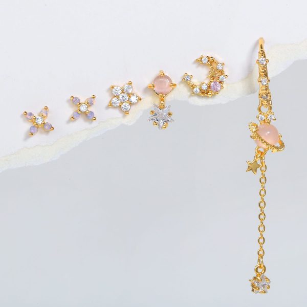 925 Silver Needle Flower Suit Combination Micro Zircon-encrusted Stud Earrings Six-piece Set Ornament