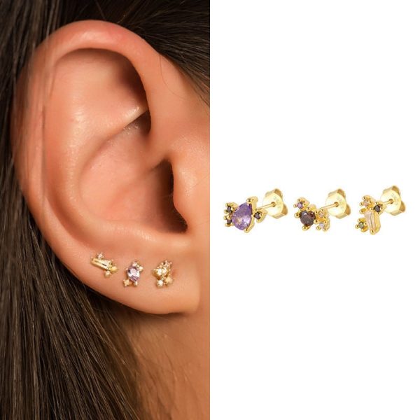Sterling Silver Color Zircon Stud Earrings Fashion Hundred Matches Set Of 3