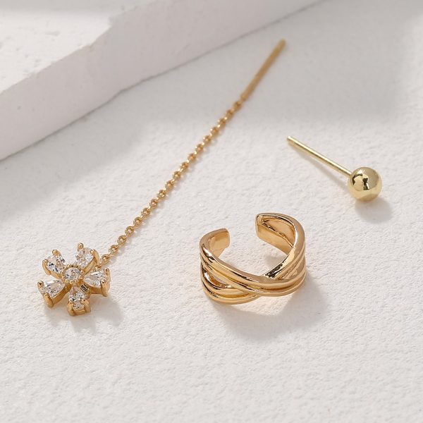 Gold Fashion Personality Small Irregular Flower Pin Three-piece Set Of Copper Micro-inlaid Zircon Earrings