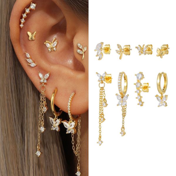 Elegant Butterfly Chain Tassel Zircon Ear Bone Stud Eight-piece Set
