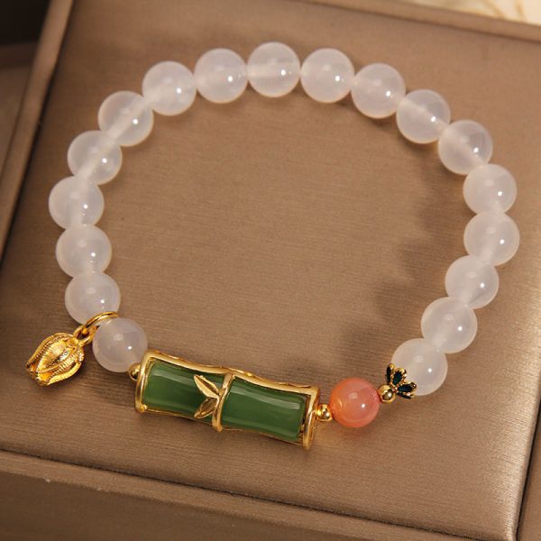 Mild Luxury Retro White Agate Jasper New Chinese Style Bamboo Beaded Bracelet For Women
