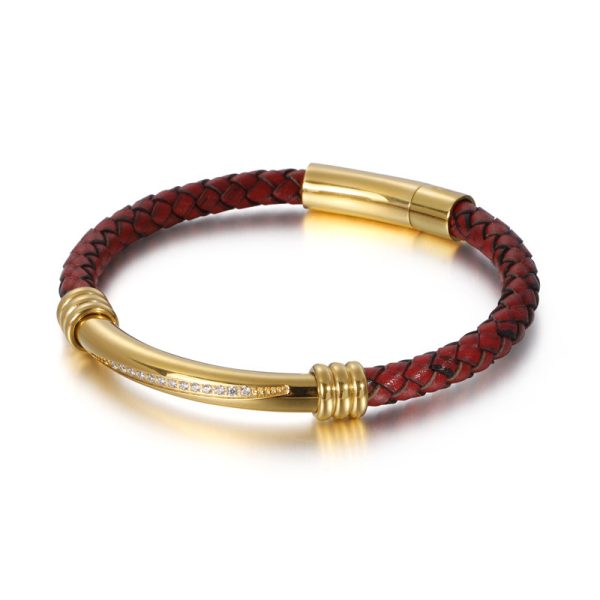 Men's Geometric Elbow Stainless Steel Diamond Leather Woven Bracelet