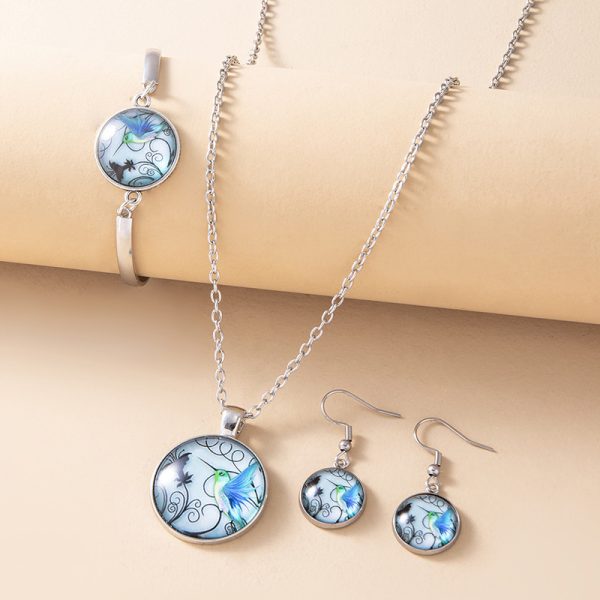 Vintage Blue Hummingbird Jewelry Set Handmade Animal Picture Glass Necklace Bracelet Earrings For Women