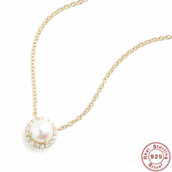 S925 Sterling Silver Round Rhinestone Pearl Pendant Clavicle Chain