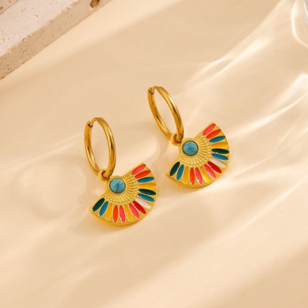 Oil Dripping Color Fan-shaped Circle Stitching Female Fashion Personality Retro Dual-wear Earrings