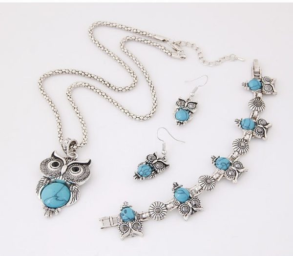 Turquoise Jewelry Set Vintage Imitation Thai Silver Owl Three-piece Set Chain