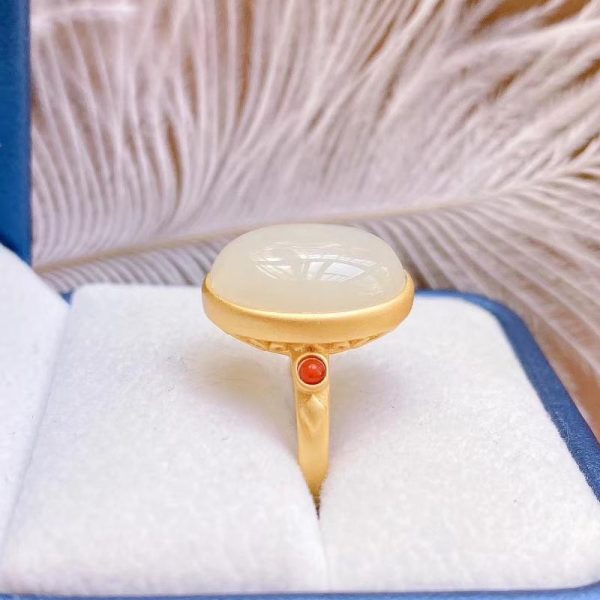 Gilding Inlaid Hetian Egg Noodles Elegant Female Open Ring