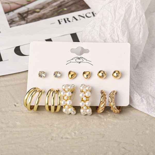 Cross-border Hot Selling Inlaid Pearl Twist Temperament Women's Earrings Set 6 Pieces Creative Retro Gold Love Heart Stud Earrings