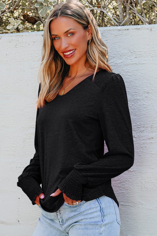 Sky Blue Shirred Shoulder Frilled Cuffs Long Sleeve Top