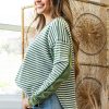 Green Stripe Thermal Knit Drop Shoulder Casual Top