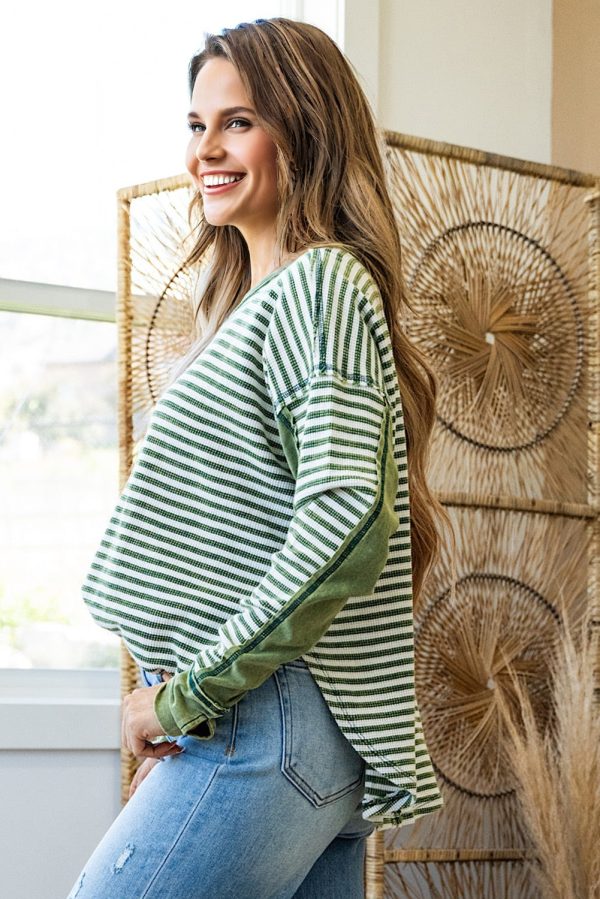 Green Stripe Thermal Knit Drop Shoulder Casual Top