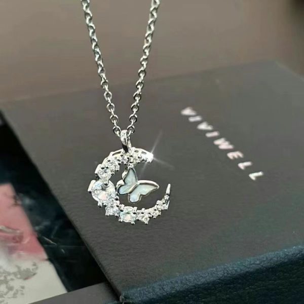 Moon Diamond Butterfly Necklace Light Luxury
