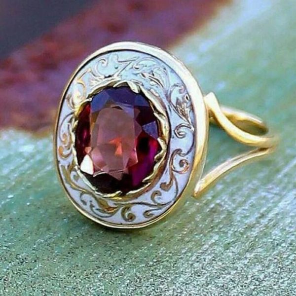 Vintage Inlaid Dark Red With Round Zircon Ornament Ring