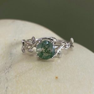 S925 Silver Plated Green Moss Stone Water Plants Agate Open Ring