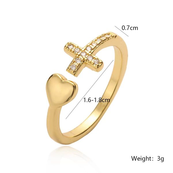 Simple Copper Plated Gold Zircon Cross Love Heart-shaped Ring Female