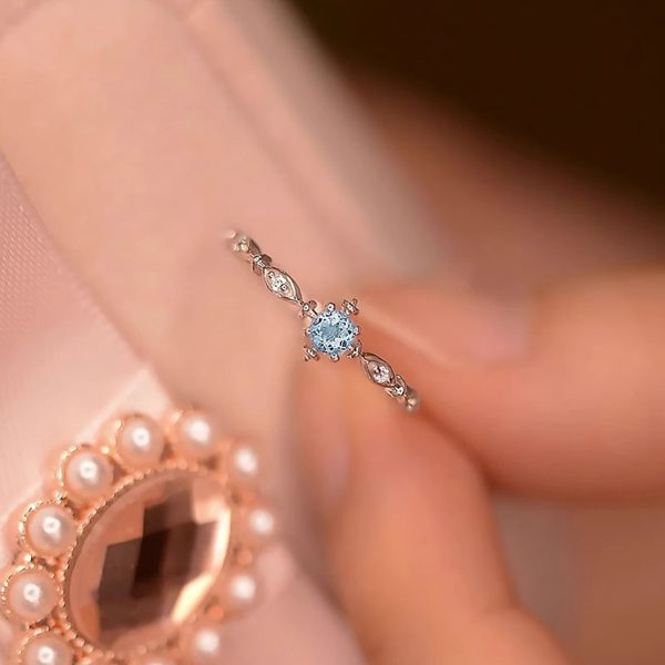 S925 Sterling Silver Japanese And Korean Blue Zircon Snowflake Ring