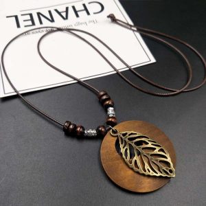 Vintage Cotton And Linen Ethnic Style Wooden Alloy Leaf Necklace