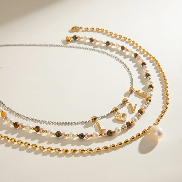 Stainless Steel Freshwater Pearl Tiger Eye Stone Pendant Bead Necklace