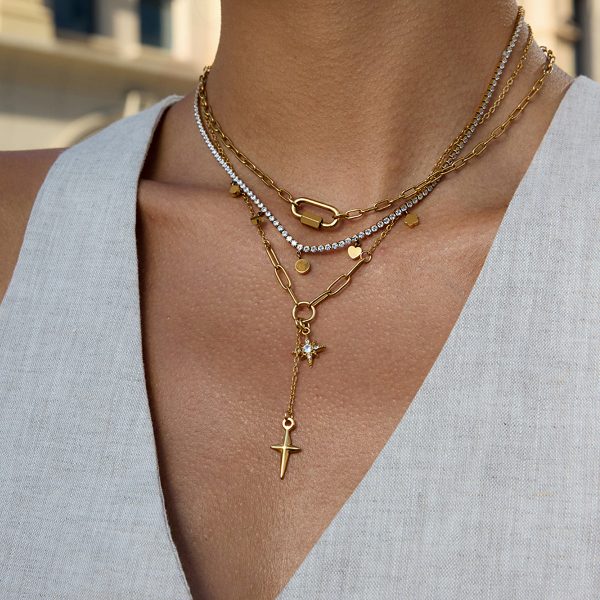 Classic Style 18K Gold Stainless Steel Necklace With White Diamond Eight-pointed Stars